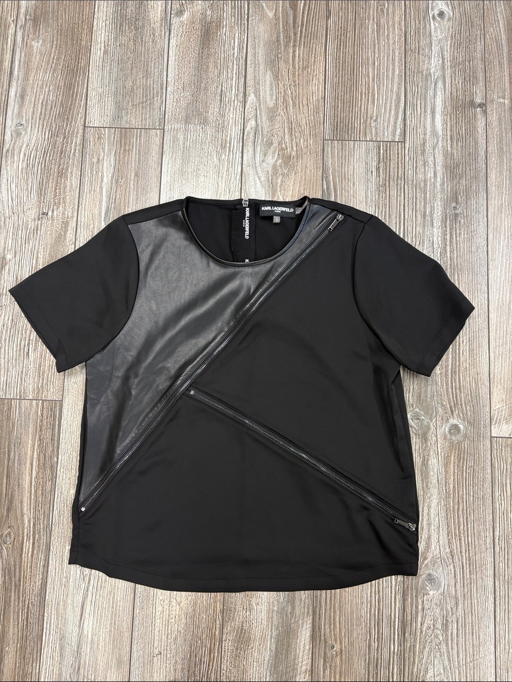 Karl Lagerfeld Black Short Sleeve Top with Diagonal Zip Panels